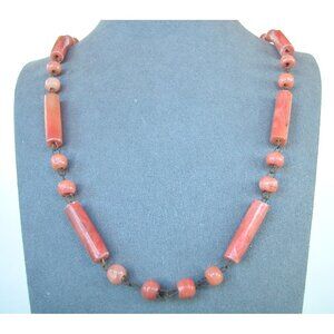 Vintage Coral Beaded Necklace With Cylindrical & Round Beads